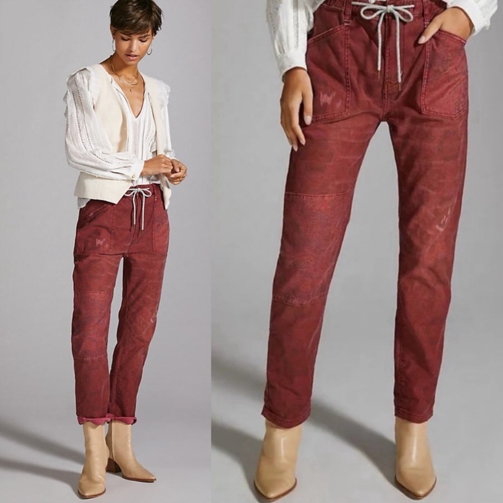 Pilcro Anthropologie Trailblazer Patchwork Pants L Red Printed Straight Leg Boho